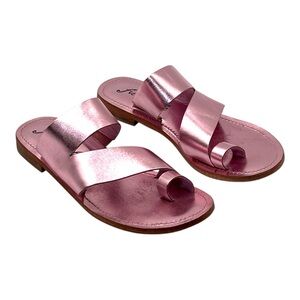 Free People Abilene Toe Loop Pink Metallic Leather Boho Slide Sandals Size 8